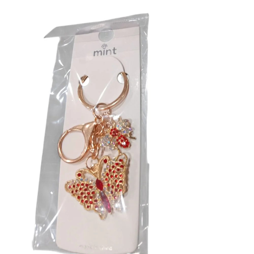 Beautiful Ruby Rhinestone Butterfly Bumblebee Gold Tone Keychain Purse Charm